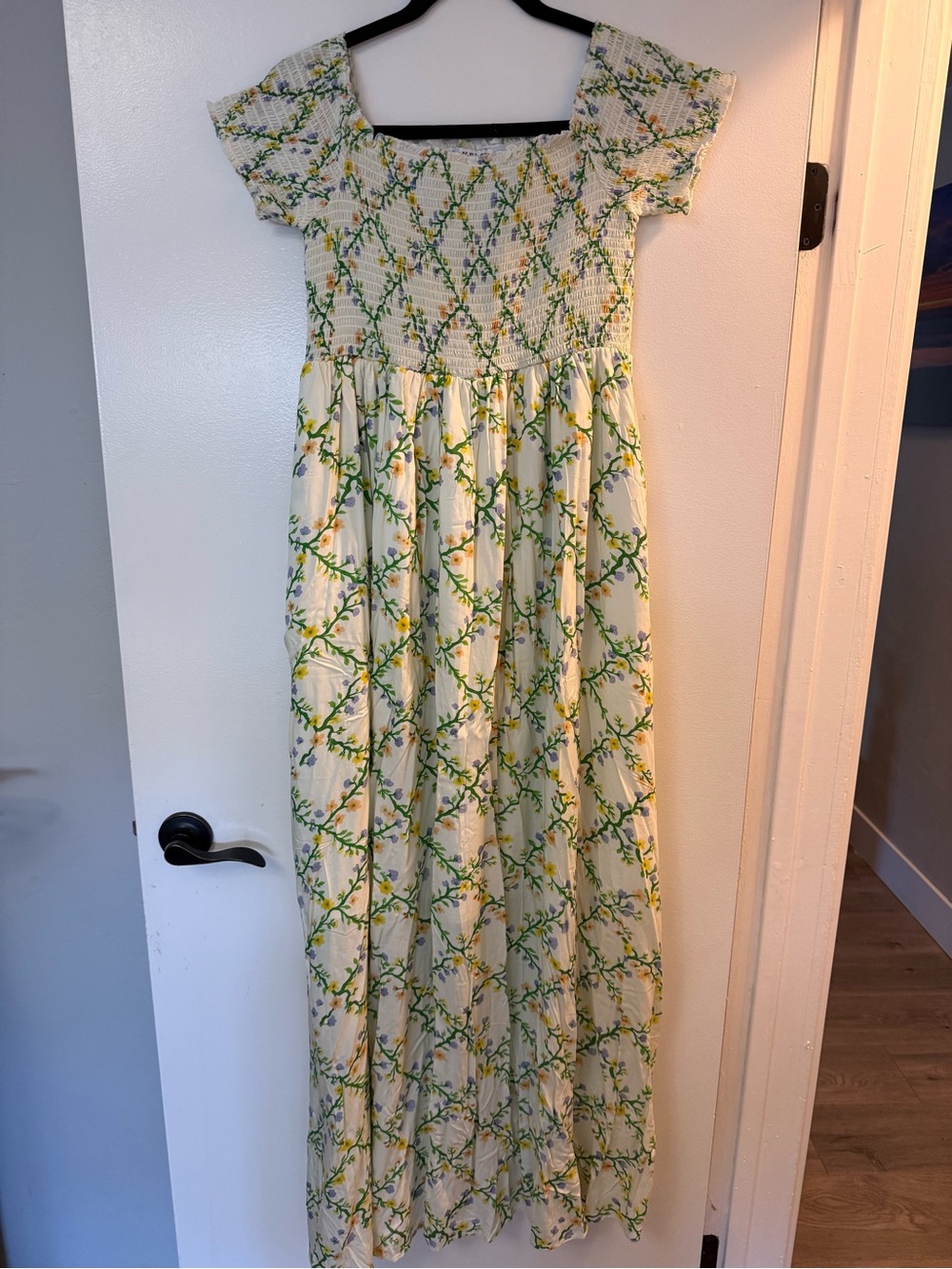 Cream Floral Smocked Maxi Dress with Yellow & Green Accents